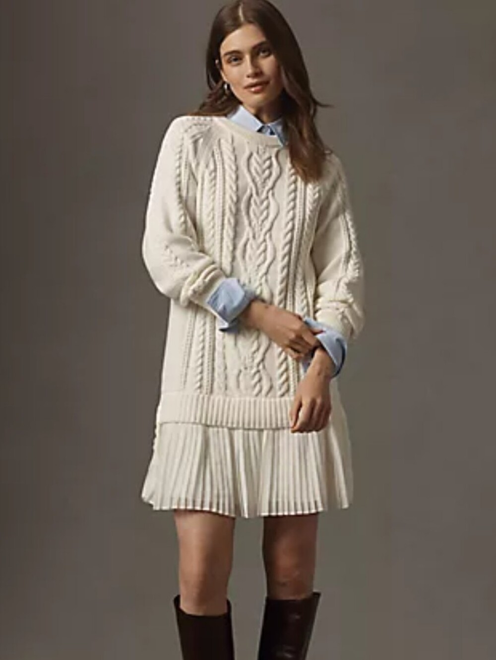 Anthropologie Cream Cable-Knit Sweater with Pleated Hem